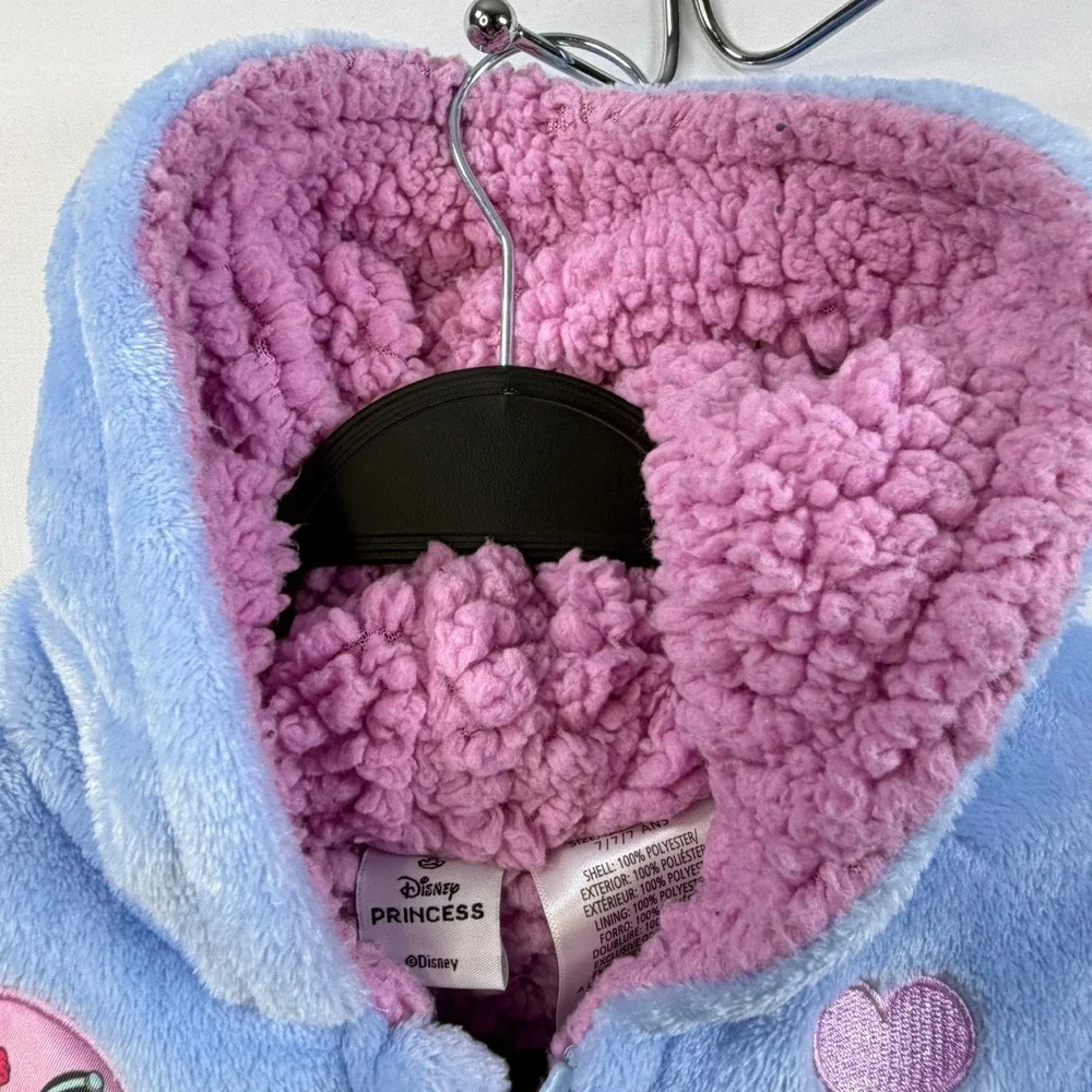 Disney Princess Hoodie Jacket Girls Blue Pink Faux Fur Sherpa Lined Zip Up Sz 7